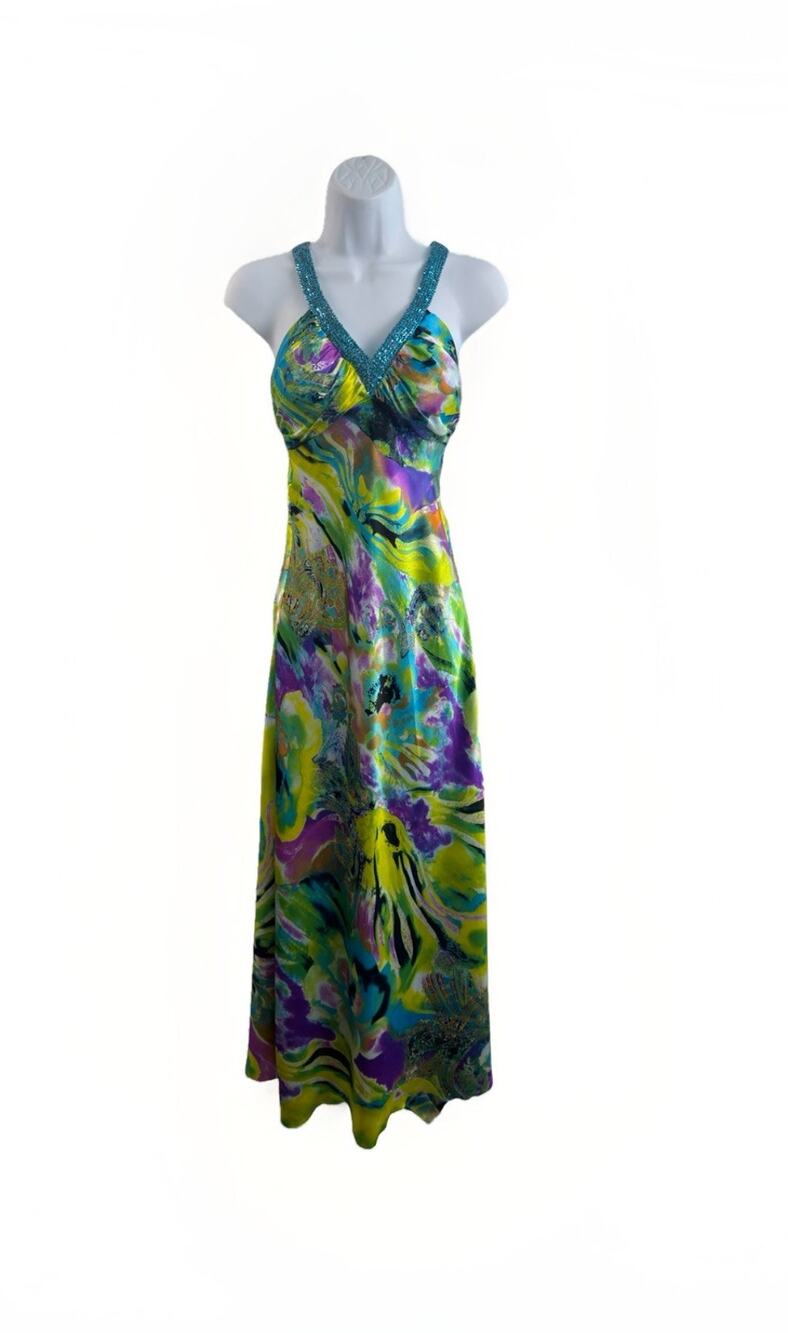 VTG Y2K Colorful Maxi Dress Speechless Beaded Open Back Festival Fairy Prom S